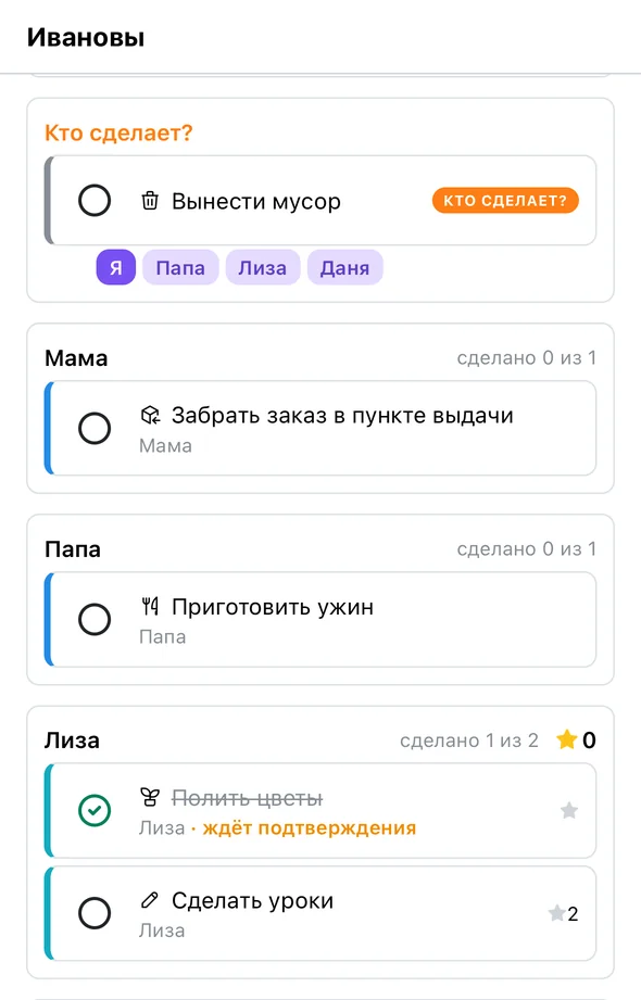Дела семьи на сегодня: «Вынести мусор» ждёт, кто возьмёт, у мамы - забрать заказ, у папы - ужин, у Лизы - цветы и уроки со звёздочками
